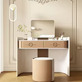 Modern Dressing Table With Round Mirror Brown Drawers And Beige Stool 3d model