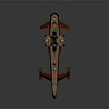 Steampunk Warship With Red Hull Black Deck Mechanical Wheels And Flag