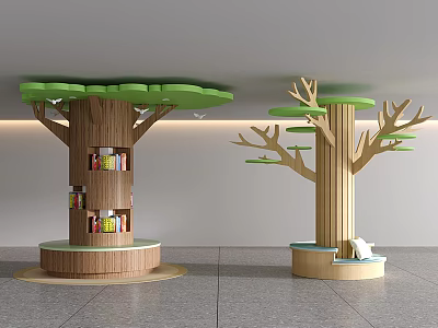 Tree Shaped Wooden Columns with Green Canopy Bookshelves and Branch Structures in Creative Interior Design 3d model