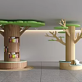 Tree Shaped Wooden Columns with Green Canopy Bookshelves and Branch Structures in Creative Interior Design