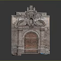 Antique Stone Portal Featuring Carved Architectural Details Wooden Double Door And Brick Frame