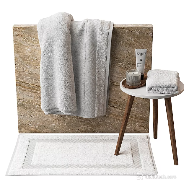 Soft Towels and Daily Washing Essentials for Bathroom with Wooden Side Table Plush Rug 3d model 
