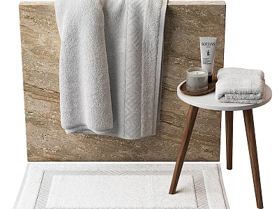 Soft Towels and Daily Washing Essentials for Bathroom with Wooden Side Table Plush Rug 3d model