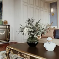 Luxurious Bedroom With Tufted Headboard Gold Accents Nightstand Dried Flowers Gray Wall And White Wardrobe