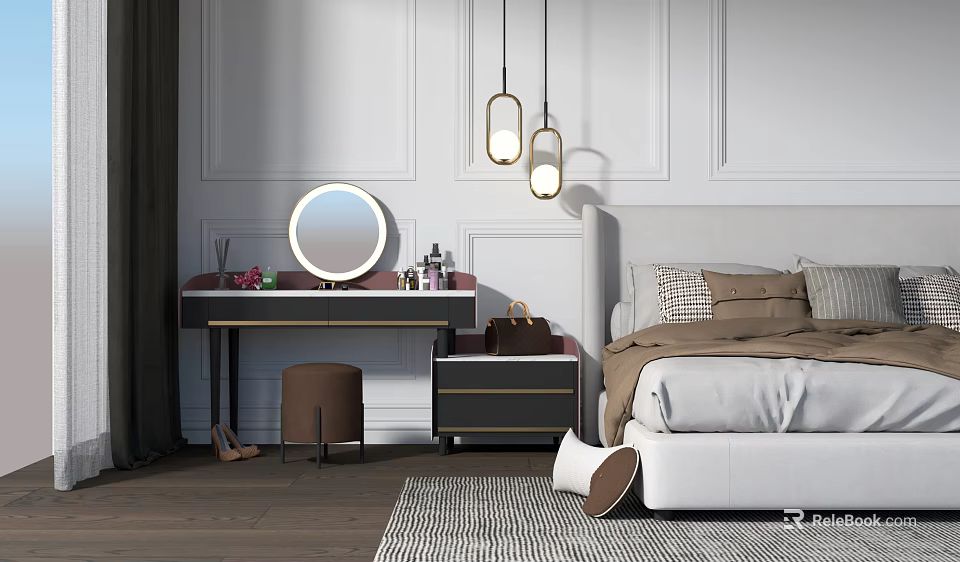 Modern Bedroom Dressing Table With Round Mirror Stool And Cosmetics Decorative Items 3d model