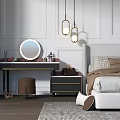 Modern Bedroom Dressing Table With Round Mirror Stool And Cosmetics Decorative Items 3d model