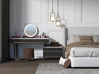 Modern Bedroom Dressing Table With Round Mirror Stool And Cosmetics Decorative Items 3d model