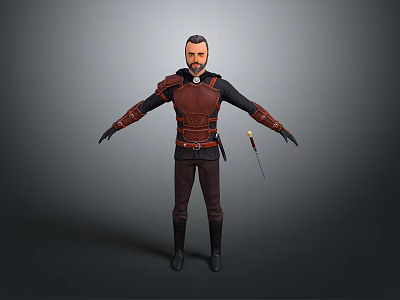Man In Medieval Style Leather Armor With Brown Tunic Black Sleeves And Dagger 3d model