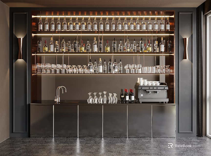 Modern Wine Rack With Multiple Shelves Holding Bottles And Glasses In Bar Setup 3d model 