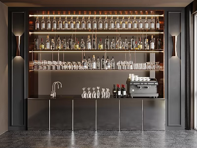 Modern Wine Rack With Multiple Shelves Holding Bottles And Glasses In Bar Setup 3d model