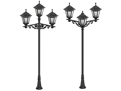 Black Decorative Street Lamps With Three Light Heads And Ornate Poles 3d model