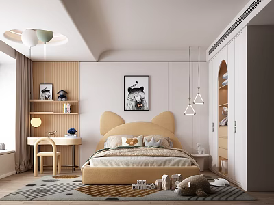 Cozy Kids Room Interior Design With Bear Ear Bed Desk Shelf And Pendant Lights 3d model