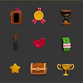 Colorful Decorative Ornament Set Featuring Various Shapes Such as Trophy Treasure Chest Heart and Star