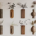 Stylish Wall Decorations With Various Wooden Ceramic Vases And Dried Flowers
