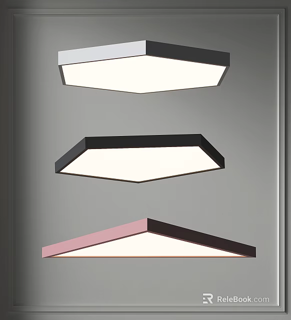 Three Modern Square Ceiling Lights With White Black Pink Frames In Interior 3d model
