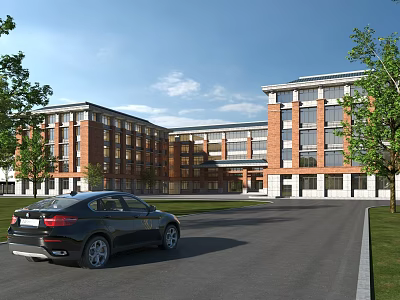 Red brick multi story school building with large windows green lawn and trees 3d model
