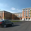 Red brick multi story school building with large windows green lawn and trees