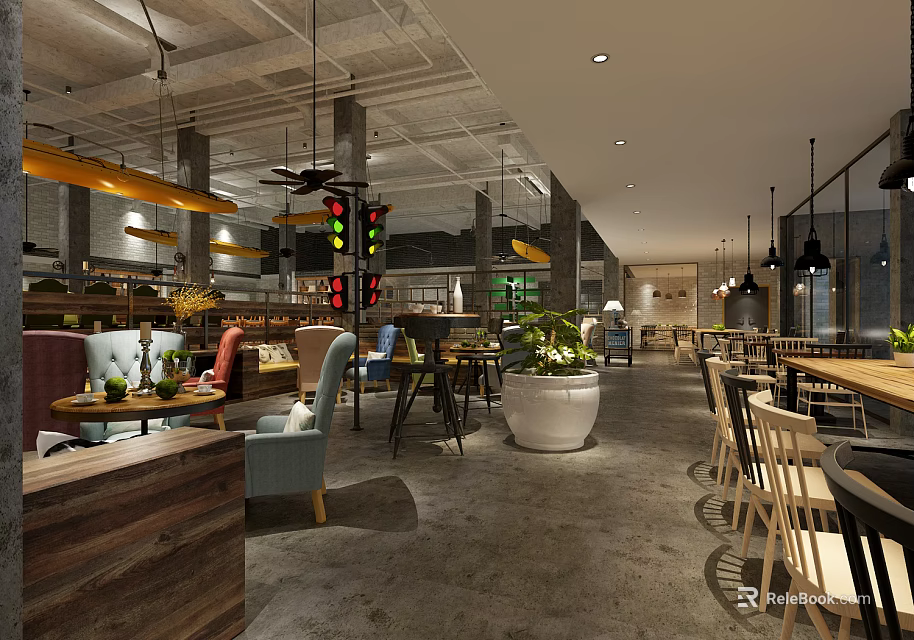 Industrial Style Café Interior Design With Wooden Tables Chairs Green Plants And Hanging Lights 3d model 