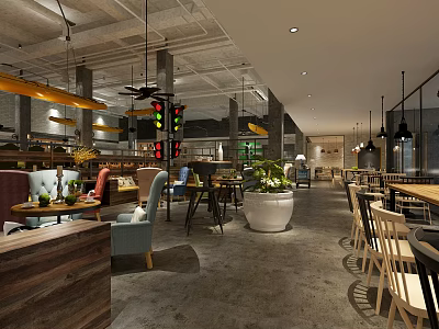 Industrial Style Café Interior Design With Wooden Tables Chairs Green Plants And Hanging Lights 3d model