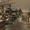 Industrial Style Café Interior Design With Wooden Tables Chairs Green Plants And Hanging Lights