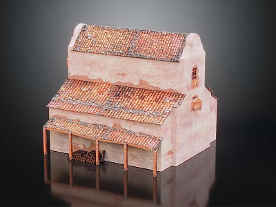 Cartoon Style Two Story House Scene With Red Tiled Roof Pink Walls And Porch Awning 3d model