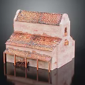 Cartoon Style Two Story House Scene With Red Tiled Roof Pink Walls And Porch Awning