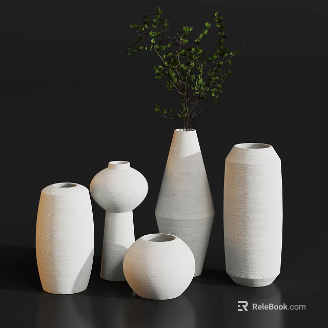 Textured White Vases with Green Foliage in Various Shapes for Home Decor 3d model 