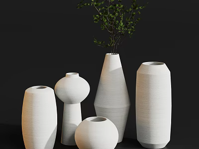 Textured White Vases with Green Foliage in Various Shapes for Home Decor 3d model