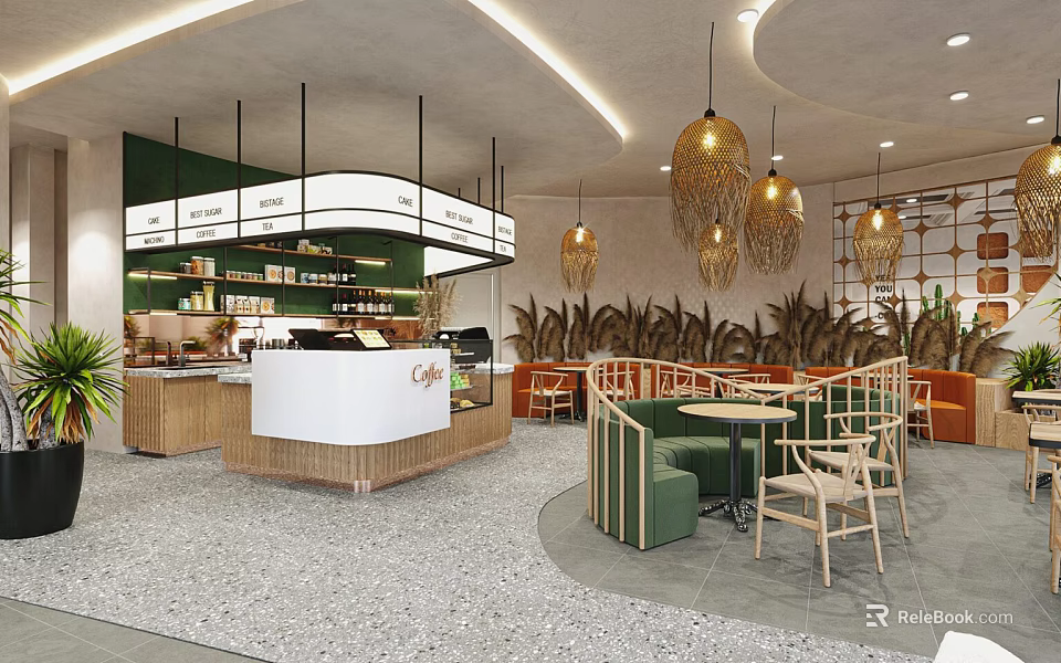 Modern Café Interior With Green White Design Wooden Counter Woven Pendant Lights Round Tables And Plants 3d model 