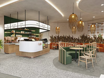 Modern Café Interior With Green White Design Wooden Counter Woven Pendant Lights Round Tables And Plants 3d model
