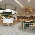 Modern Café Interior With Green White Design Wooden Counter Woven Pendant Lights Round Tables And Plants