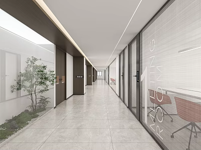 Modern Office Corridor Interior With Glass Partitions Indoor Plants Bright Lighting And Tile Flooring 3d model