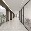 Modern Office Corridor Interior With Glass Partitions Indoor Plants Bright Lighting And Tile Flooring