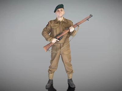 A Man in Brown Military Uniform With Green Beret Holding Rifle 3d model