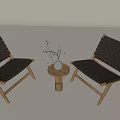 Stylish Woven and Leather Lounge Chairs with Wooden Frame Small Side Table and Decorative Vase