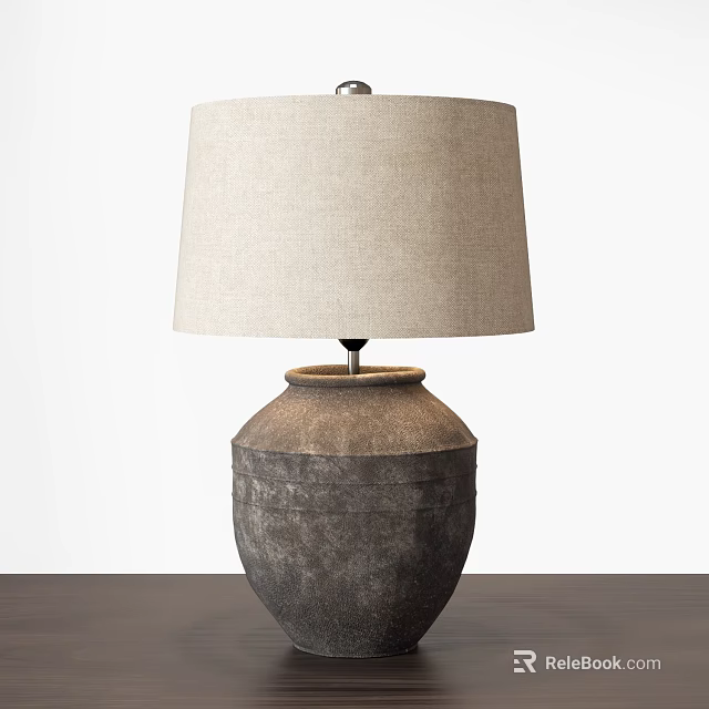 Beige Linen Lampshade Table Lamp With Textured Ceramic Base On Dark Wooden Tabletop 3d model 