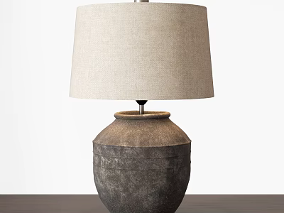 Beige Linen Lampshade Table Lamp With Textured Ceramic Base On Dark Wooden Tabletop 3d model