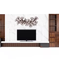 TV Background Wall With Marble Surface Wooden Cabinets And Ginkgo Leaf Decorative Ornament