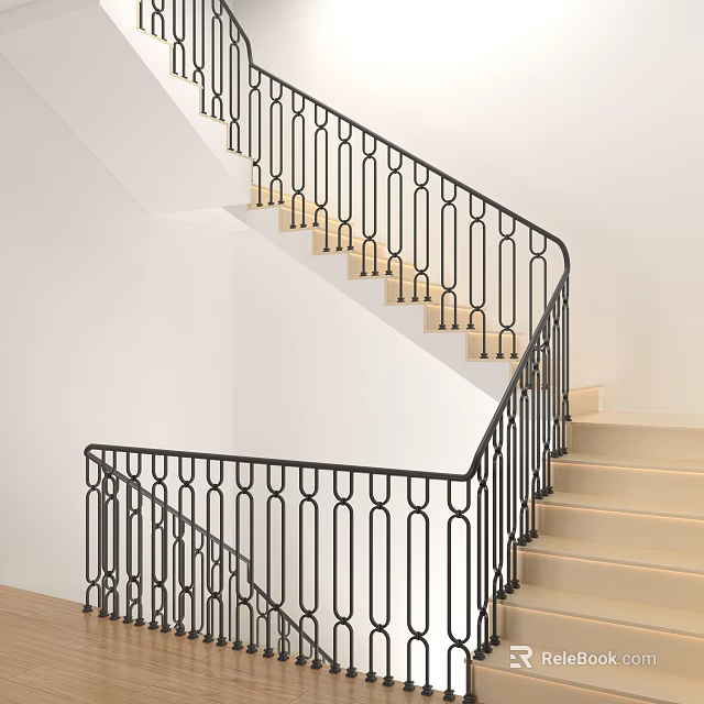 Black Wrought Iron Staircase Railing with Geometric Design and Light Wooden Steps in Interior Space 3d model 
