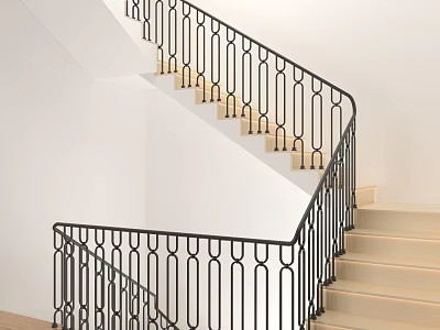 Black Wrought Iron Staircase Railing with Geometric Design and Light Wooden Steps in Interior Space 3d model