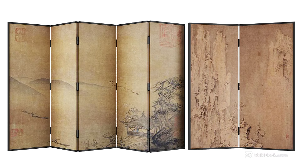 Traditional Chinese Folding Screen With Antique Landscape Painting And Wooden Frame Design 3d model 