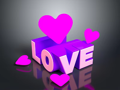 3D LOVE Letters With Pink Hearts On Purple Cubes Shiny Reflective Surface 3d model