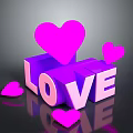 3D LOVE Letters With Pink Hearts On Purple Cubes Shiny Reflective Surface