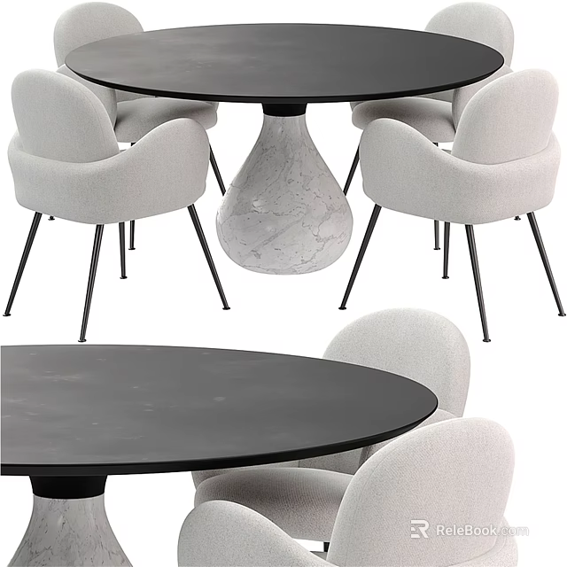 Modern Round Dining Table Set With Black Tabletop Light Gray Chairs And Marble Base 3d model 
