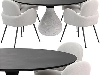 Modern Round Dining Table Set With Black Tabletop Light Gray Chairs And Marble Base 3d model