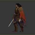 Medieval Warrior Man in Brown Leather Armor with Red Cape Holding Swords