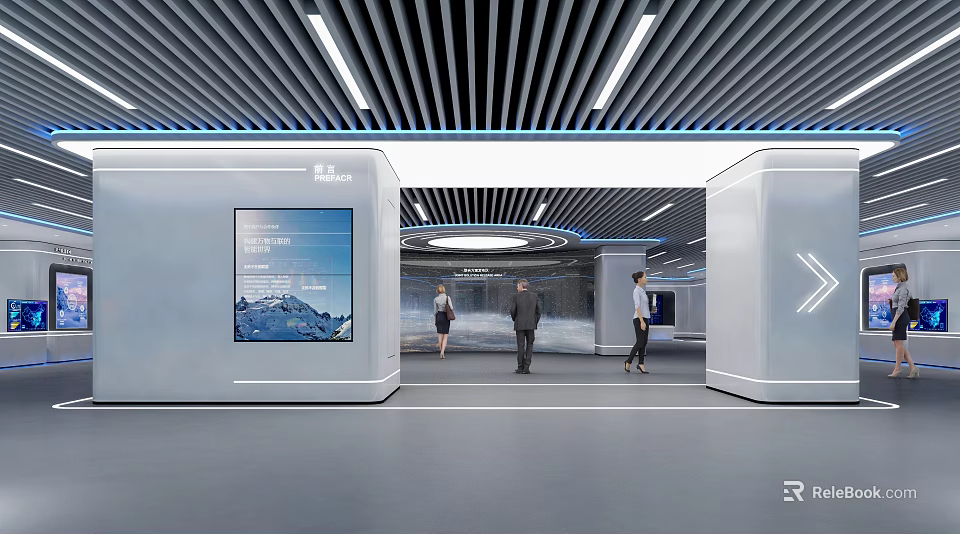 Modern Exhibition Hall Interior Featuring Display Screens People And Sleek Ceiling Design 3d model 