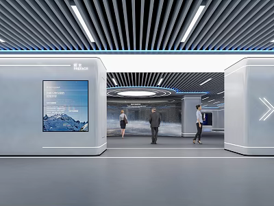 Modern Exhibition Hall Interior Featuring Display Screens People And Sleek Ceiling Design 3d model