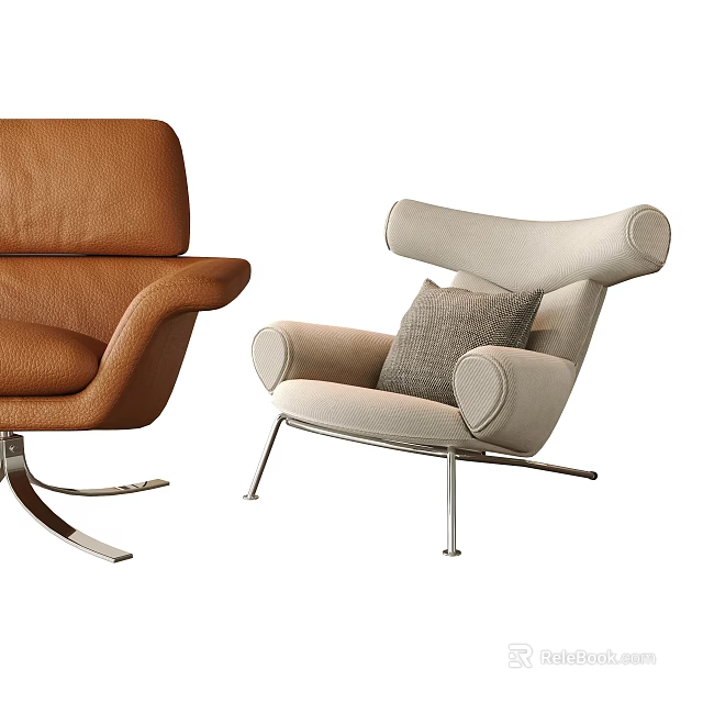 Brown and Beige Modern Lounge Chairs with Curved Backs Metal Legs and Upholstered Seats 3d model 