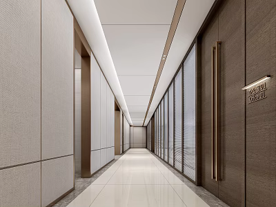 Modern Long Office Hallway With Sleek Walls Light Floor And Ceiling Lights 3d model